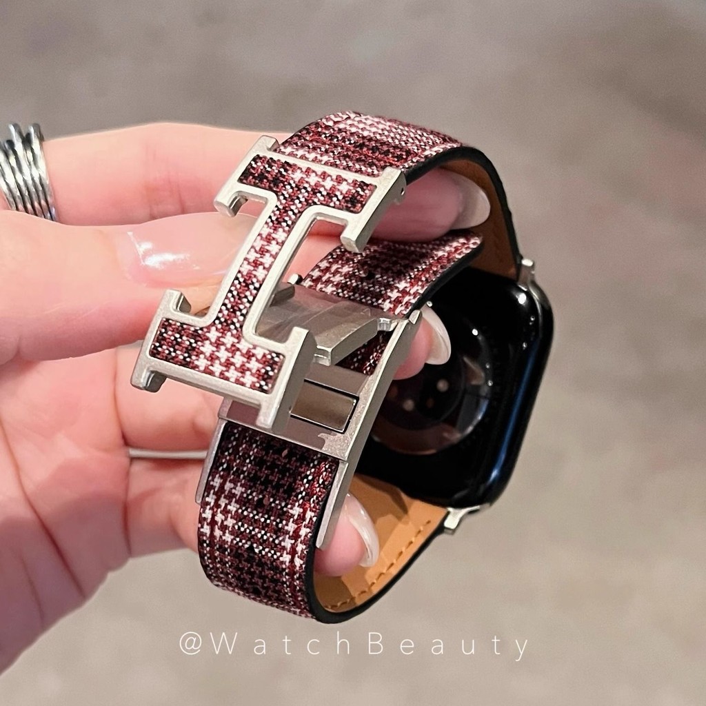 復古質感格紋H磁吸扣蘋果手錶錶帶Apple Watch 8 9 se2 iwatch11 10 ultra錶帶
