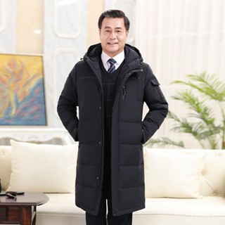 大尺碼冬天外套 羽絨服男款中老年男裝冬季新款加厚保暖白鴨絨中長版大衣連帽外套 保暖 防風 羽絨外套連帽1113 HHTJ