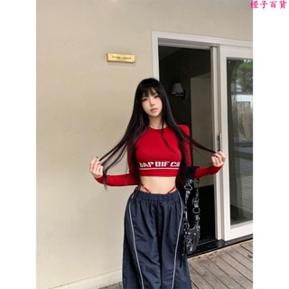 長袖緊身上衣🎀美式辣妹紅色印花長袖T恤女秋季緊身修身打底衫短款運動露臍上衣