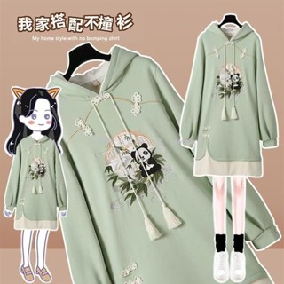 臺灣發貨【中國風服飾】新年裝【棉】嬰兒絨 漢服 原創設計國風刺繡大尺碼女裝大學T裙 改良漢服 漢元素洋裝刷毛加厚拜年服