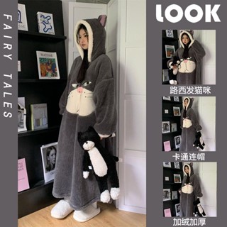 韓版路西法貓咪連帽珊瑚絨睡衣女冬季加絨加厚法蘭絨居家服秋冬款睡袍