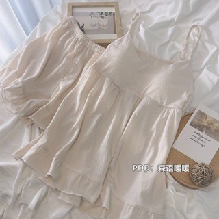 糖果屋~韓版韓系ins簡約吊帶睡衣兩件套帶胸墊甜美公主風純欲荷葉邊外穿套裝居家服