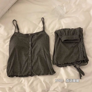 糖果屋~韓版帶胸墊吊帶睡衣女夏季韓版ins風薄款灰色顯瘦甜美無袖家居服套裝居家服