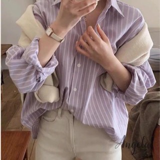 長袖襯衫外套 百搭外套✨香芋紫色防曬韓國東大門女裝2024春秋季襯衫紫色條紋新款寬松上衣 女生襯衫 長袖襯衫