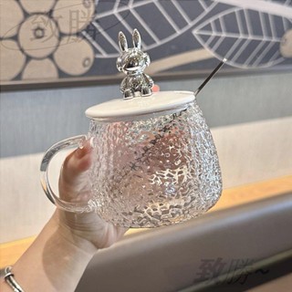 【臺灣倉庫出貨】玻璃杯 馬尅杯 水杯 可愛耐熱玻璃杯 馬克杯帶蓋勺 辦公室咖啡早餐杯 錘紋杯 咖啡杯 花茶杯 玻璃花茶杯