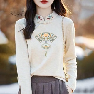 秋冬新款雙面德絨女士刺繡印花寬松顯瘦打底衫國風中式立領xalqv 內搭衫 打底衣 中國風上衣 旗袍上衣 盤扣上衣 長袖t