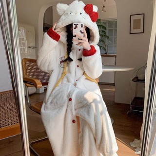 韓版HelloKitty睡衣女秋冬季珊瑚絨加厚加絨連帽睡袍冬天法蘭絨居家服