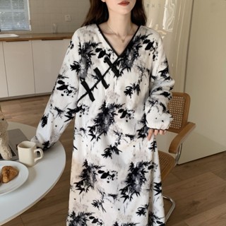 Lam 睡衣 睡裙珊瑚絨睡裙女冬季網紅新中式國風睡袍長款加厚珊瑚絨甜美少女睡衣