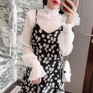 Lam 上衣 內搭衣 蕾絲打底衫 喇叭袖上衣 網紗打底衫女 配吊帶裙 網紗內搭衣 紗衣 高領內搭衣 歐洲站 蕾絲上衣