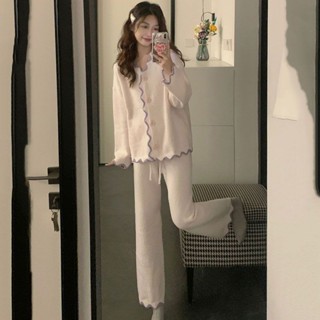 Lam 睡衣 居家服 韓版睡衣ins簡約珊瑚絨睡衣女秋冬撞色加絨加厚長袖長褲可外穿家居服套裝