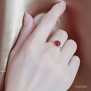 下殺價💥手工定製14K包金繞綫天然紫金硃砂血紅圓珠子轉運珠戒指指環女