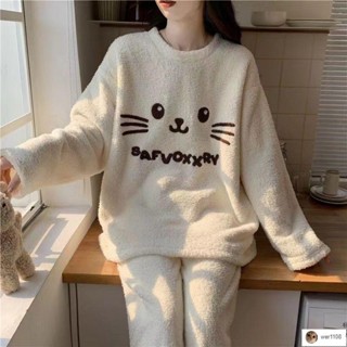 臺灣出貨💕清清💕秋冬季居家服 冬季新款法蘭絨卡通甜美睡衣女ins加絨加厚大碼珊瑚絨家居服套裝