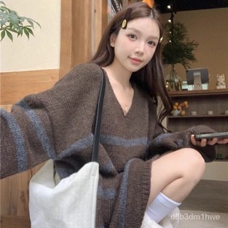 免運🚚臺灣熱賣複古V領撞色條紋毛衣女學生冬季加厚寬鬆慵懶套頭中長款針織上衣