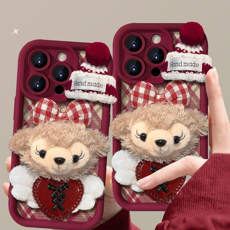 酒紅毛絨雪莉玫公仔適用蘋果16ProMax手機殼iPhone15/14秋冬13/12