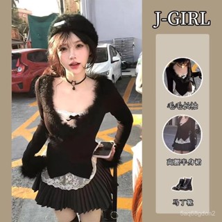 西施❤女裝JGIRL純慾風辣妹穿搭套裝秋冬毛毛長袖上衣蕾絲內搭百褶裙三件套 0UAW