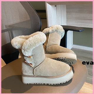 【胖MM精選靴子】百搭簡約風牛角扣雪地靴女厚底中筒厚絨冬季保暖休閒加絨騎士靴女