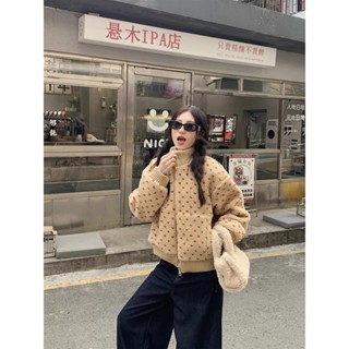 YC家🎀熱銷爆款 甜美 純欲 短款外套 波點 羊羔毛 長袖 保暖外套 冬季外套 復古 加絨加厚 保暖 寬松 立領上衣