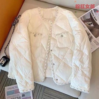 白色短款棉服外套女冬季新款法式小香風拼接圓領寬松輕薄棉衣 大尺碼外套 冬天外套 大尺碼女裝 氣質穿搭 秋冬外套