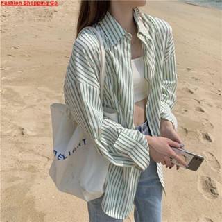 花襯衫 開衫 復古襯衫 襯衫 夏天新款休閑復古襯衣長袖條紋氣質上衣設計感小眾防曬襯衫女 表演服 街舞服飾舞臺服舞蹈服