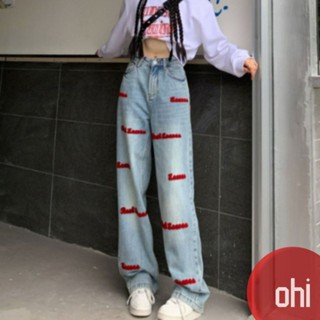 【ohi】復古刺繡(紅色英文字母) 美式牛仔褲 高腰修身 寬鬆直筒褲 街頭風(XGJL728)