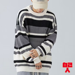 【自己人】長袖 冬季保暖毛衣 條紋毛衣 圓領套頭寬版男生上衣 韓版情侶針織衫寬鬆針織毛衣男裝BWSD26