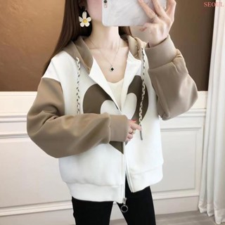 小個子女士連帽衛衣女開衫外套春秋裝2024年新款拼色愛心長袖上衣 女生外套 休閒外套 外套