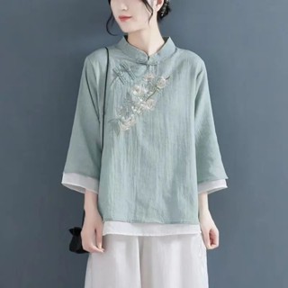 【免運】2022春夏季中國風女裝假兩件棉麻襯衫女復古盤扣七分袖繡花上衣女