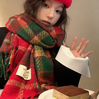 新竹出貨♕韓版耶誕格子圍巾發新年氛圍感中國紅色流蘇女秋冬新款針織保暖圍巾批發