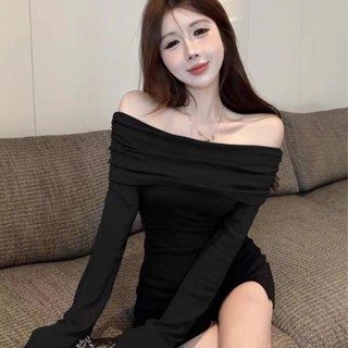 🚚免運 熱銷 小眾設計感長袖打底衫春秋修身法式一字肩上衣女氣質美感露肩內搭