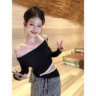 Annie💖 純欲風一字領網紗T恤蕾絲長袖打底辣妹風上衣女 長袖短版上衣 長袖T恤