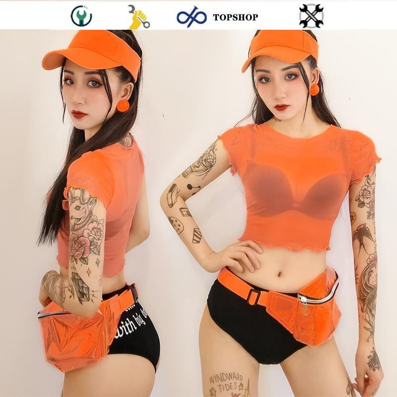 💛新店下殺💛新款ds演出服裝酒吧gogo女dj夜店性感酒吧爵士舞橙色網紗露臍上衣