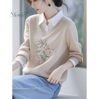 秋冬季新款時尚假兩件刺繡襯衫拼接氣質翻領衛衣長袖遮上衣 大學t 長袖衛衣 長袖大學T 大尺碼上衣 寬鬆上衣 新中式上衣