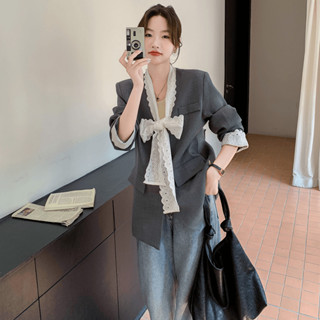 設計感蕾絲拚接西裝外套女2025年秋季新款小個子休閒寬鬆氣質上衣
