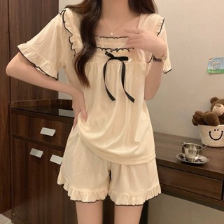 see 女生睡衣 居家服 家居服 睡衣套裝 睡衣女韓版ins夏季甜美方領木耳邊蝴蝶結豆沙色短袖短褲睡衣套裝