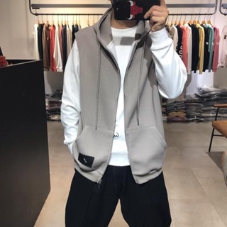 【潮男】美式休閑連帽無袖馬甲男春夏大碼300斤時尚韓版寬松純色外套ins 男生外套 馬甲背心 無袖帽t