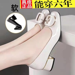 【伊珈精選】真皮女鞋圓頭單鞋女粗跟四季新款漆皮亮皮寬腳軟皮樂福鞋媽媽鞋女