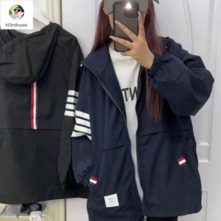 七喜服裝 四條槓春秋沖鋒衣外套女TB經典情侶裝寬松美式大碼防風連帽夾克女