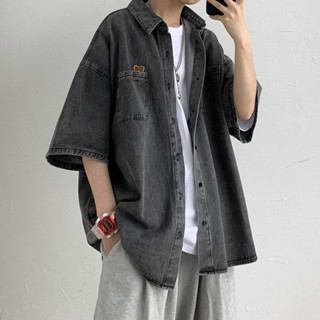 ⚡桃園出貨 七分袖襯衣 大尺碼襯衫 短袖襯衫男港風牛仔襯衫男生夏季薄款七分袖ins潮流短袖襯衣設計感小眾外套