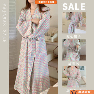 浴袍 家居服 睡衣 睡袍 可愛情侶睡衣 溫泉浴袍 日係睡衣浴袍女睡袍秋季新款甜美愛心格子寬鬆長袖長款ins風和服