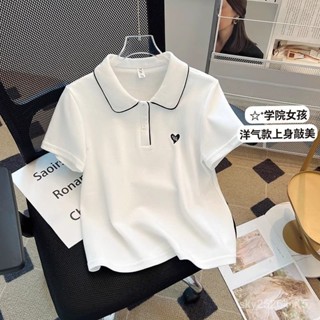 爆款熱賣❤polo領正肩上衣女夏季設計感愛心百搭修身顯瘦女短袖冰絲t恤體恤 8ONL