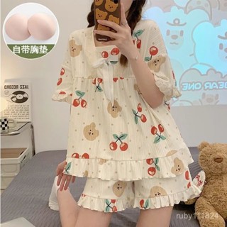 專櫃超讚品質💯睡衣帶胸墊女純棉夏季2025年新款短袖可外穿奶乎乎閨蜜套裝家居服 WVMX