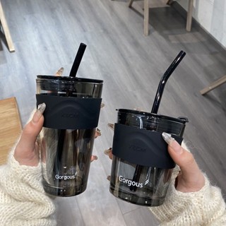 臺東出貨♕吸管杯 隨行咖啡杯 ins水杯 耐熱耐高溫 隨手杯 南極人北極光吸管玻璃杯便攜水杯子ins風水杯女生高