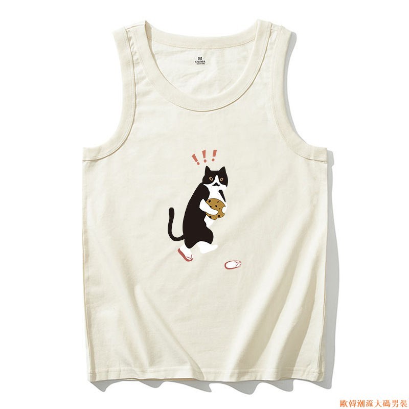 歐韓潮流大碼男裝 圓領T恤 無袖上衣 大尺碼背心 背心男 夏季趣味貓咪印花背心男休閑港風潮牌寬松休閑圓領無袖t恤上衣
