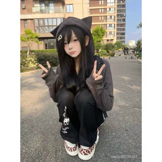 y2k 帽t y2k長袖 y2k 外套 廢土風 連帽貓耳朵衛衣女生日係亞文化y2k甜酷秋冬百搭可愛軟妹灰色外套