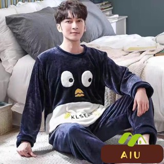 企鵝#L-3XL法蘭絨加厚睡衣珊瑚絨保暖家居服睡衣套裝男士青少年