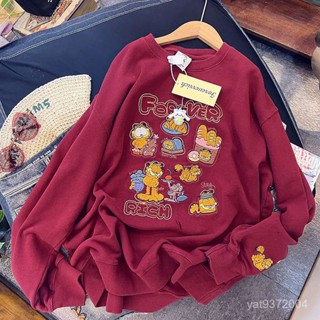 金選💖韓版今年秋季新款加菲貓重工刺繡長袖圓領寬鬆衛衣女學生套頭薄款上衣 OLZQ