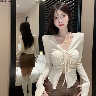 七喜服裝～純欲風針織女秋冬長袖t恤 新款設計感小眾褶皺抽繩打底衫上衣