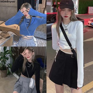 七喜服裝～藍色上衣秋季新款薄款設計感小眾辣妹綁帶長袖短版T恤女裝潮