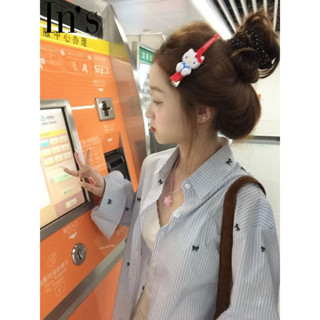 小可家INS韓係甜妹蝴蝶結藍色條紋襯衫外套女小個子休閒寬鬆氣質上衣女 夏季外套 防曬外套 透氣外套 夏天外套女 薄款外套