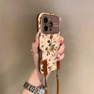 【桃園出貨】手機殼 手機 iphone 防摔 機殼 棕玫瑰 蘋果15 帶手繩 iPhone16ProMax 全包防摔輕奢